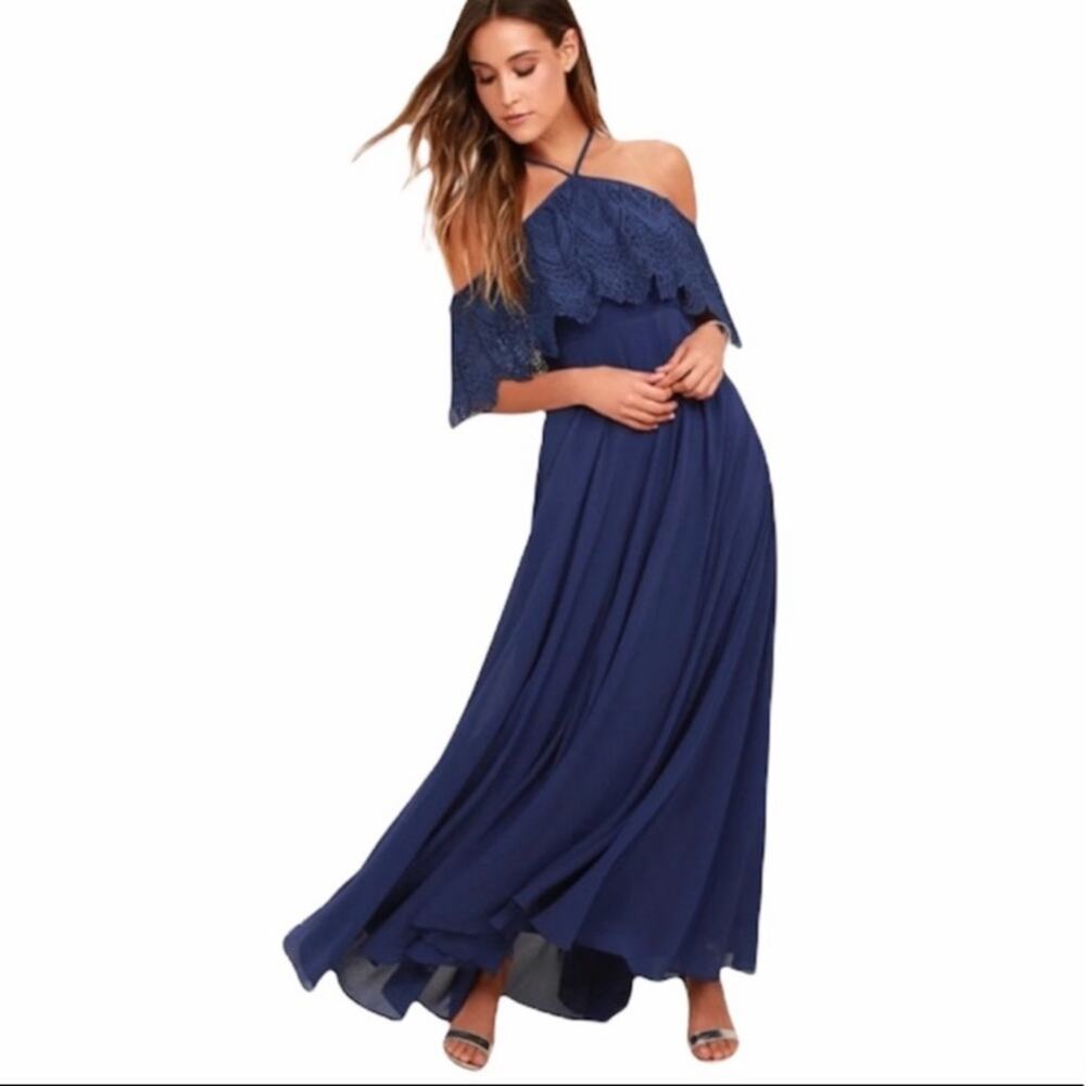 NWT Lulu’s Unmatched Beauty Navy Blue Lace Off-the-Shoulder Dress sz XS
